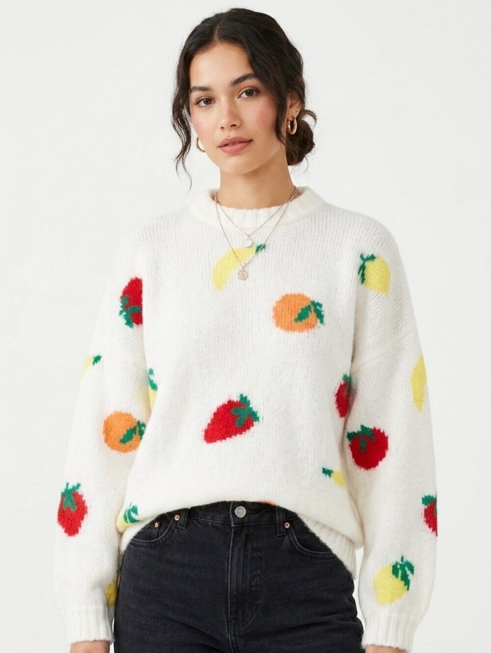Womance Oversized Knit Sweater Vibrant Fruit Print Soft Boho Casual Crew Neck
